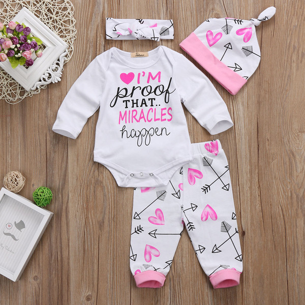 4PCS Infant Newborn Toddler Kids Baby Girls Cotton Long Sleeve Jumpsuit Bodysuit+Long Pants+Hat+Headband Clothes Outfit 0-24M