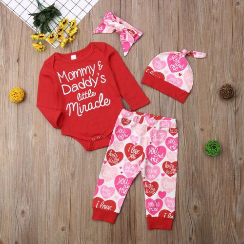 4Pcs Newborn Infant Baby Girl Letter Romper Long Sleeve Tops Heart Pants Hat Headband Valentine's Day Outfit Set