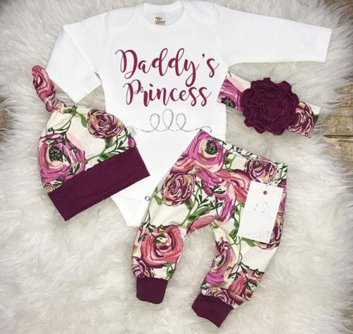 3Pcs Newborn Toddler Baby Girls Flower Romper Long Pants Hat Outfits Clothing Sets