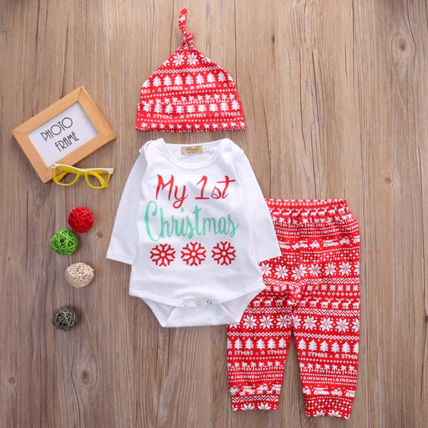 Newborn Kid Baby Boy Christmas Clothes Long Sleeve Tops Romper Pants Hat 3PCS Outfit