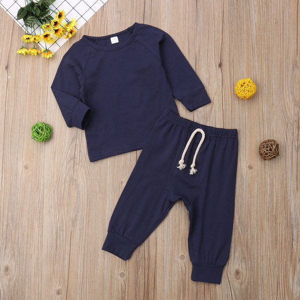 Toddler Baby Boys Girls free shipping clothes solid Trousers round neck long sleeve pullover Tops 2pc kids cotton lovely Outfits