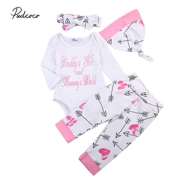 Newborn Baby Girls Boys Clothes Sets Letter Print Romper Jumpsuit + Floral Pants Leggings Headband+Hats 4pcs Outfit Set