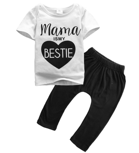 Newborn Baby Boys Kids LOVE T-shirt White Tops + Black Long Pants Outfits Clothes Sets 0-2Y