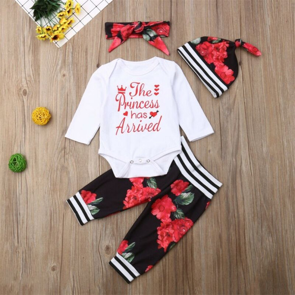 Autumn Newborn Baby Girl Clothes Letter Print Long Sleeve Romper Tops Flower Print Long Pants Headband Hat 4Pcs Outfits