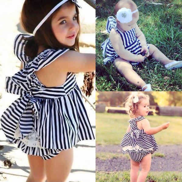 Fashion Newborn Baby Girls Summer Sunsuit Cotton Sleeveless Striped Backless Dress Briefs Outfits Clothes