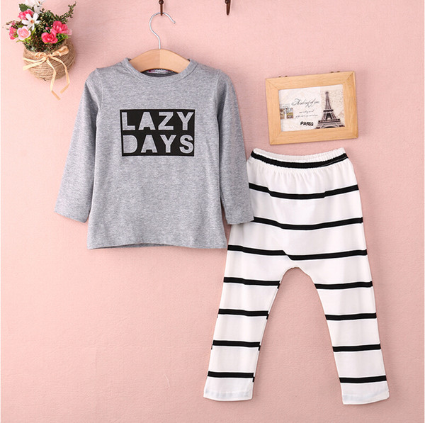 Autumn Newborn Baby Boys Girls Clothes Cotton Warm Letter Printed Tops Striped Pants 2Pcs Infant Toddler Romper Outfits Set