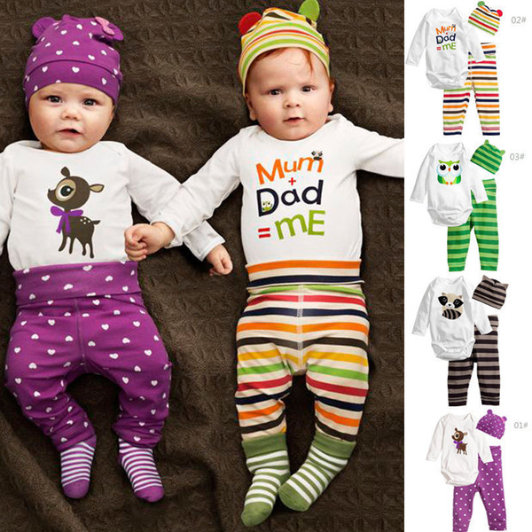 3pcs Set Newborn Infant Baby Boy Girl Kids Romper Tops+Pants+Hat Children Clothes Outfits Set Coton Baby Clothing