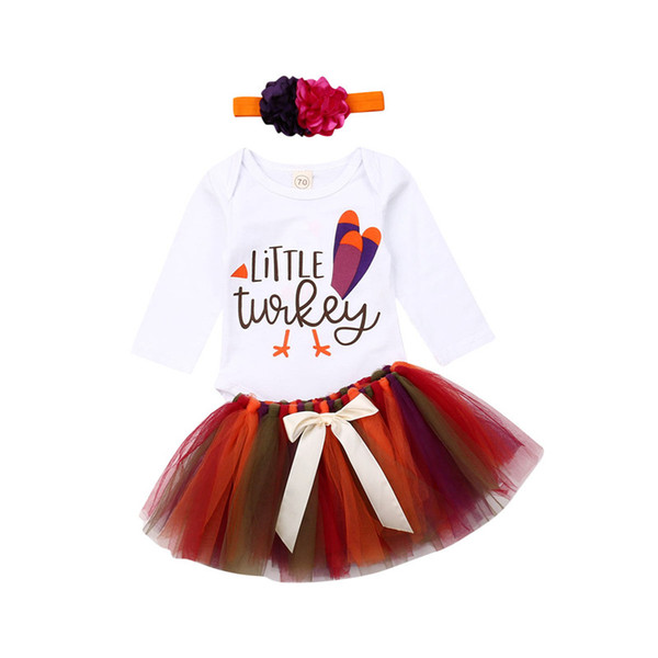 0-12M Turkey Thanksgiving Baby Girl Clothes Set Baby Girls Long Sleeve Letter Pattern Romper Tulle Skirt Headband Clothes Outfit