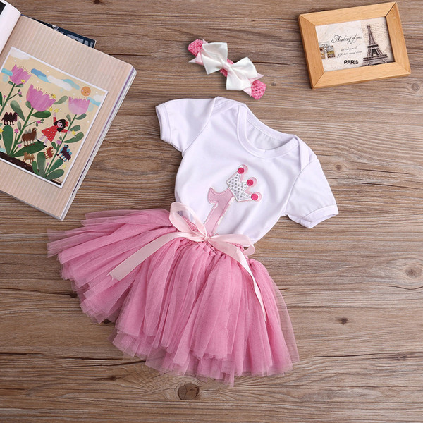 Hot Fashion Baby Girl Birthday Outfit Toddler White Bodysuit Cute Kids Skirt Set Infant Summer Clothes Headband 3PCS