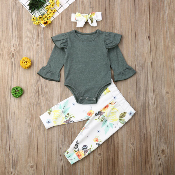 0-18M 3PCS Infant Baby Girl Clothes Flared Sleeve Tops+Floral Leggings Pants Outfit