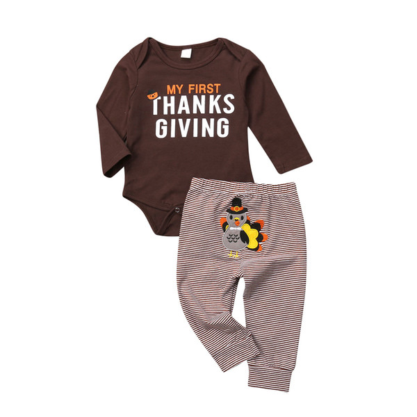 Thanksgiving Clothes Set Baby Boy Girl Clothes Long Sleeve Jumpsuit Romper Striped Turkey Print Pants Kid Outfit Set