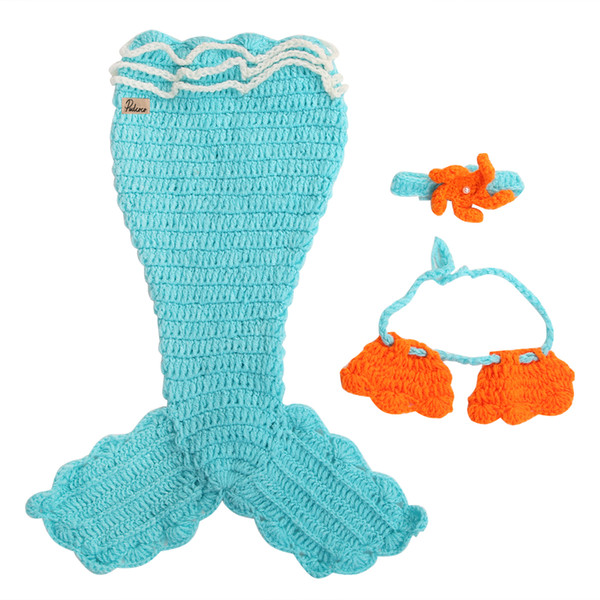 Hi Hi Baby Store Newborn Baby Blue Mermaid Handmade Knit Crochet Costume 3pcs Set Outfits