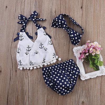 2019 Newborn Baby Girls Clothes Anchor Tops+Polka Dot Briefs Outfits Set Sunsuit