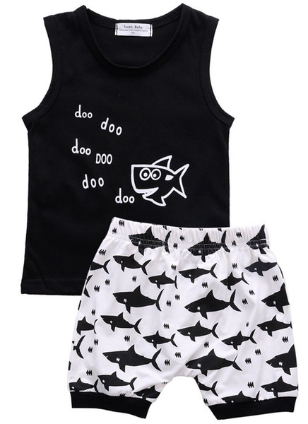 2019 Latest Children's Wear Summer Newborn Baby Boys Sleeveless Tops Cute Cartoon Shark Shorts Outfits 2Pcs Set Clothes 0-24M