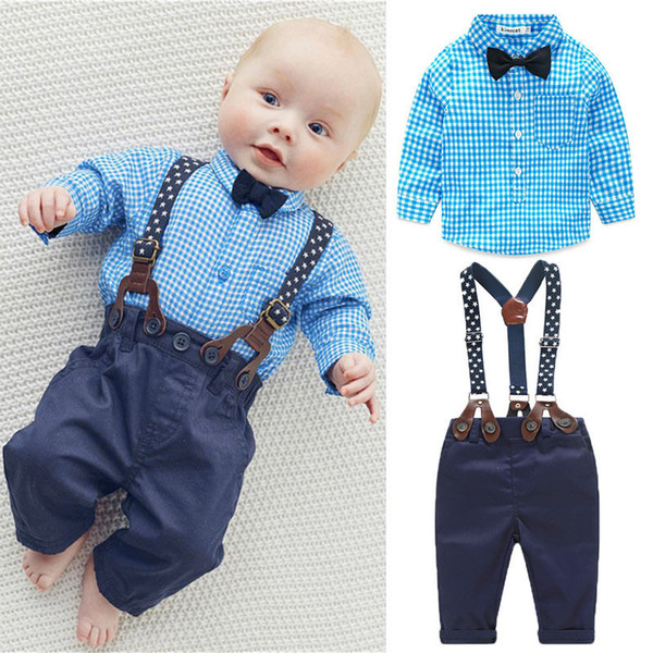 Toddler Baby Boy Bow Tie Long Sleeves Blue Plaid Shirt+Print Suspender Pants Trousers Outfits 2pcs