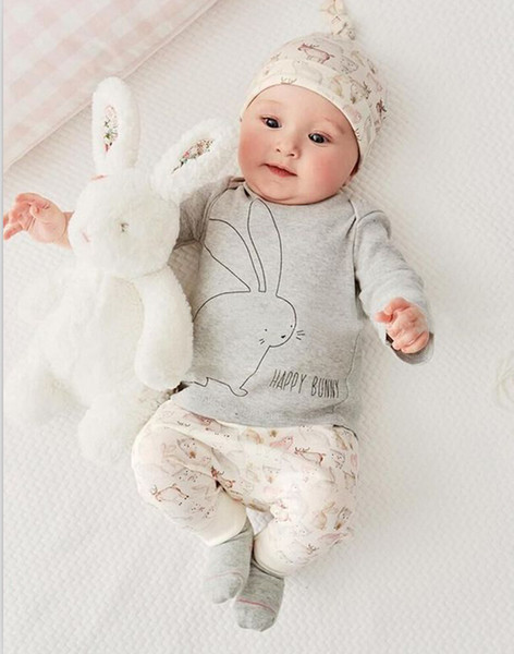 3PCS Cute Bunny Newborn Baby Boy Girl Bodysuit Hat T-shirt Pants Baby Cotton Casual Outfits Clothes Sets