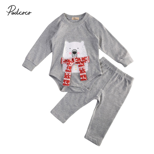 0-24M Cute Baby Girl Boy long Sleeve Scarf Bear Romper Top Long Pants Autumn Winter Baby Clothes Outfit