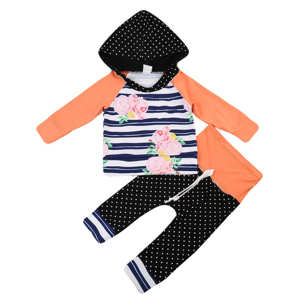 Floral Newborn Baby Girls Long Sleeve Hooded Tops Polka Dot Pants Outfits Flower Clothes set Lovely Baby Autumn Set Outfit