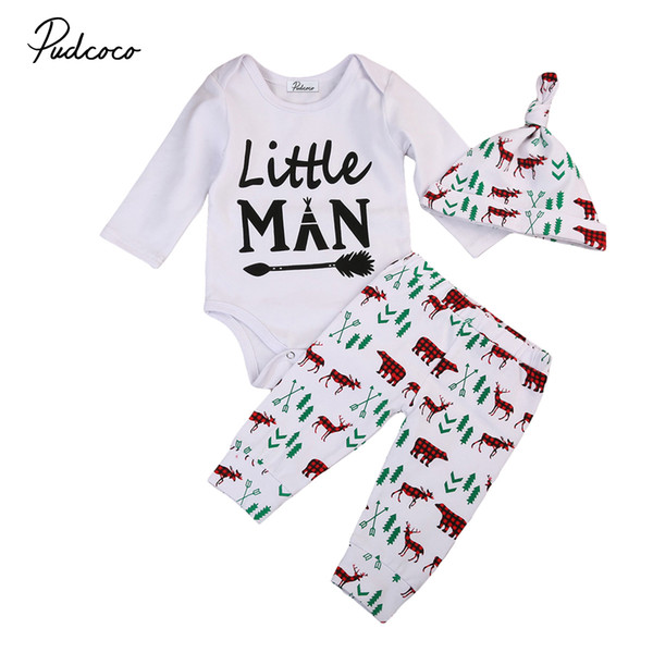 PUDCOCO Newest Hot Newborn Baby Boys Rompers+Long Pants+ Hat Home Autumn Casual Outfits 3Pcs Set Clothes 0-24M