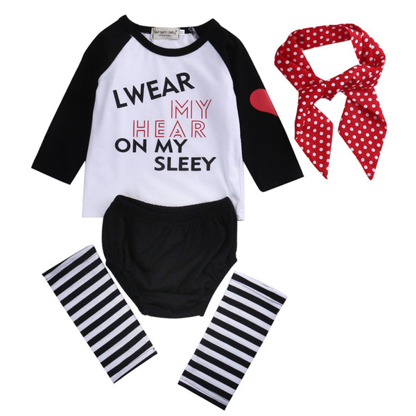 2018 Newborn 4pcs Clothes Sets Baby Girls Clothes Long T-shirt+Striped +Panties+Headwear Outfit Clothes Set