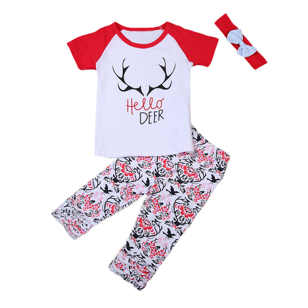 Hot sell Toddler Kids Baby Girl Clothes T-shirt Short Sleeve Tops Pants Headbands Clothes Summer 3 Pcs Baby Clothing Set 2-7T