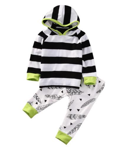 Infant Baby Boy Girl Clothes Set Striped Hoodie Tops Feather Prints Pants Legging Outfits Set 0-24M