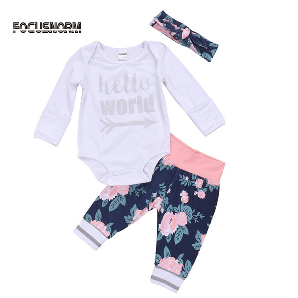 Baby Girl clothes New Summer baby girl clothing sets Cotton Long sleeve 3pcs suit Top Romper+Pants Headband Outfits Clothes