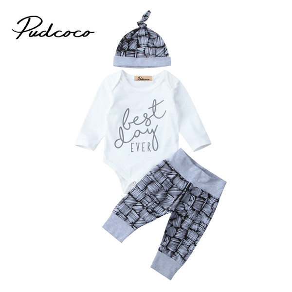 0-18M Newborn Toddler Baby Boy Girl Clothes Cotton Long Sleeve Letter Baby Rompers+Striped Pants Hat Infant Clothing Set