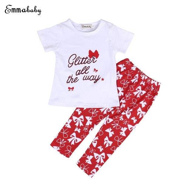 Newborn Kids Baby Girls Clothes Set Bowknot Print Short Sleeve T-shirt Tops+Long Pants Legging Outfits 0-2Years