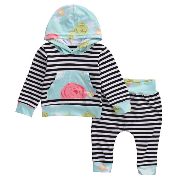 Pudcoco New Brand Floral Newborn Kids Baby Girl Striped Hooded Tops Pants Outfits Set 2pcs Clothes Gift