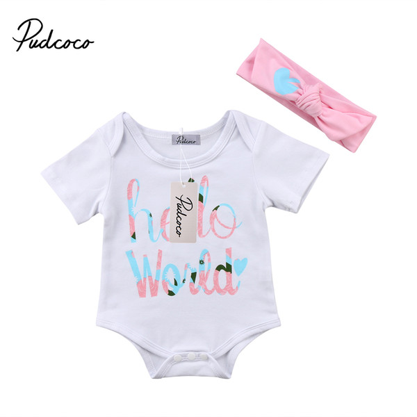 2Pcs Cute Newborn Toddler Baby Girls Hello World Jumpsuit Bodysuits +Headband Clothes Outfit Sets 0-18M