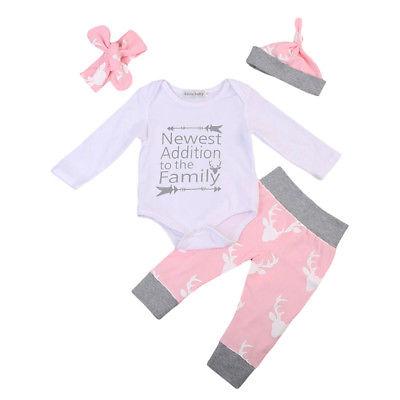 0-24M Newborn Baby Boy Girl Cute Long Sleeve Romper Tops+ Trousers+Hat+Headband 4PCs Clothes