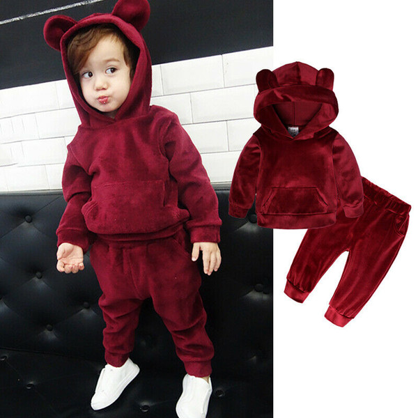 New 2pcs Toddler Kid Boy Girl Winter Clothes Velvet Hooded Tops+Trousers Outfits Set Infant Cute Streetwear