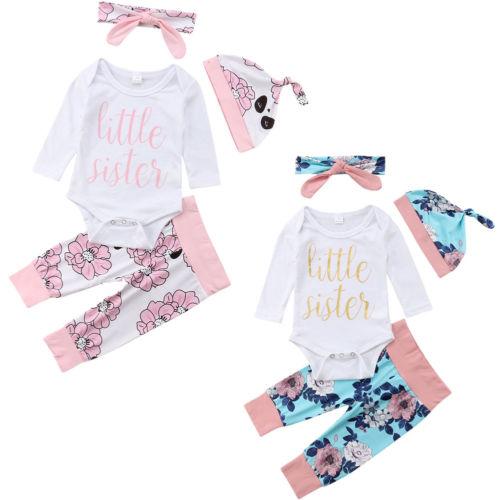 Toddler Kid Baby Girl Clothes Letter Long Sleeve Tops Romper Floral Long Pants Headband Outfits Set