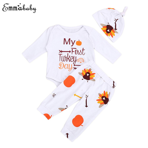 3PCS Set Infant Baby Girl Clothes Boys Long Sleeve Romper Turkey Printed Pants+Leggings + Hat Outfits Set