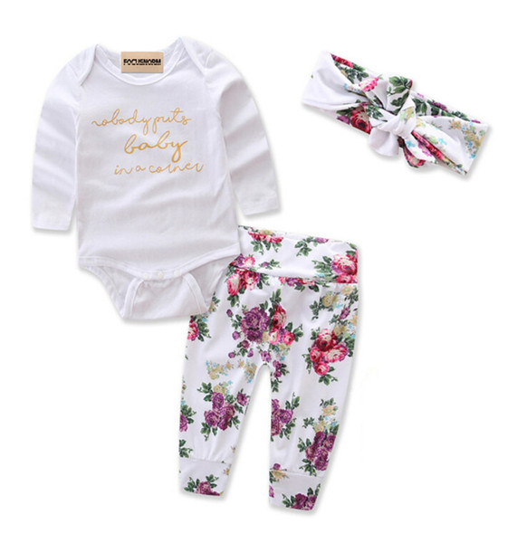 lovely Newborn Infant Baby Girls floral outfits letter print long sleeve Romper Floral Pants headband girls Outfits Set Clothes