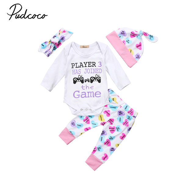 4pcs Autumn Girls Set Newborn Baby Girls Letters Rompers Jumpsuit+Love Heart Pants Headband Hats Outfits Kids Clothes Set