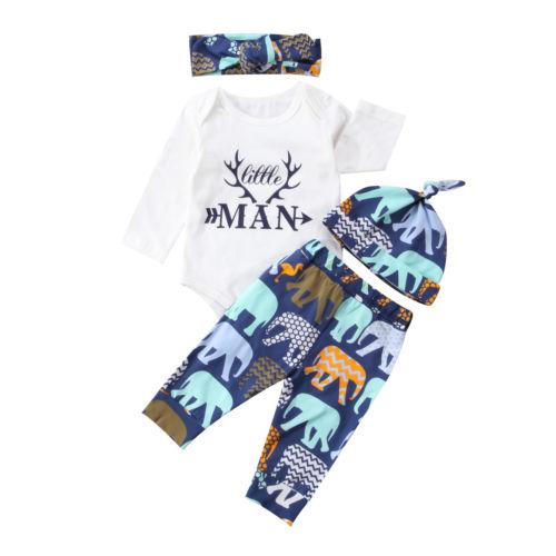 3PCS Cute Elephant Baby Boys Long Sleeve Tops Romper Pants Bow-knot Headband Outfits Baby Clothes Set