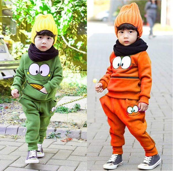 Hot sale winter autumn boy outfits kids clothing green orange smile face zipper pocket boy casual top+pant long sleeve cotton 2 Pieces set