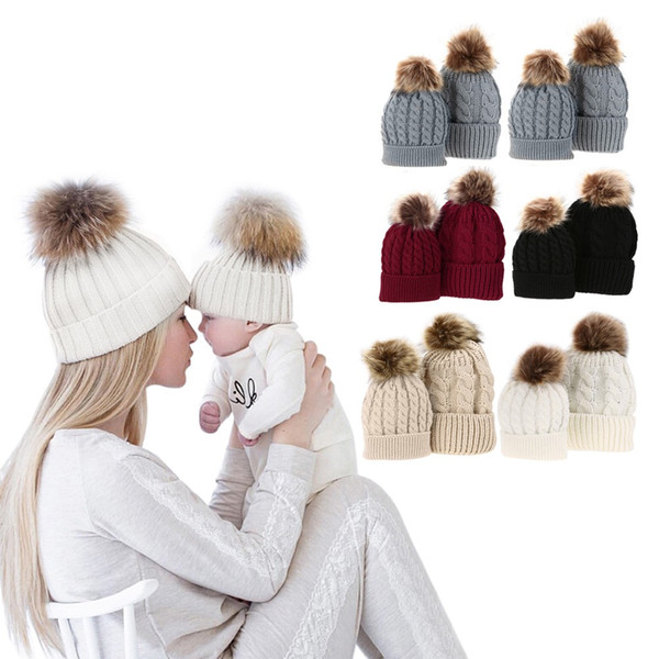 5Colors Mom And Baby Hat with Pompon Warm Raccoon Fur Bobble Beanie Kids Cotton Knitted Parent-Child Hat Winter Caps Xmas Gift