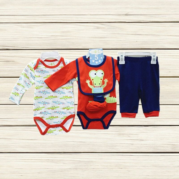 Baby Kids Clothing 100% Cotton long Sleeve Romper Pants socks bibs pajamas Bodysuits 5pcs gift set Boys girls Casual Set Children Suit #3951