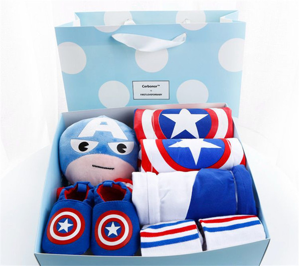 8 Pcs Newborn Baby Clothes Gift Set Cartoon Captain America Romper Sock Toy Hat Set Baby Boy Shower Birthday Registor Present Welcome Gifts