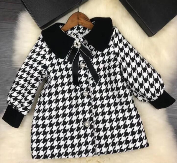 2018 Newest baby Girls coat winter autumn children long clothes Bow warm outerwear black+white colors free shipping