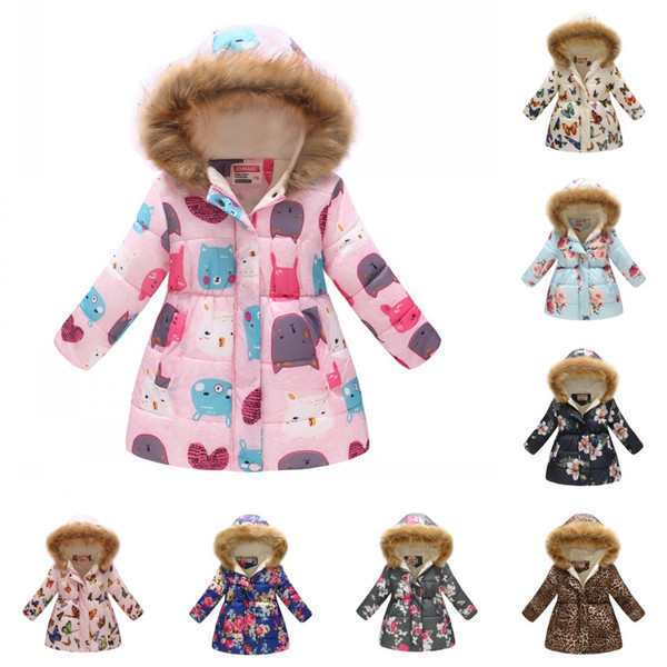 Kids Girls Cotton Down Coat Winter Floral Printed Long Sleeve Hooded Children Warm Thick Fleece Parka Jacket