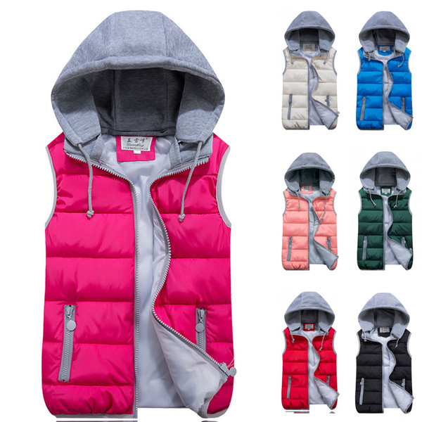 Kids Girls Boys Down Cotton Waistcoat Zipper Winter Warm Thicken Vest Hooded Children Sleevess Coat Jacket