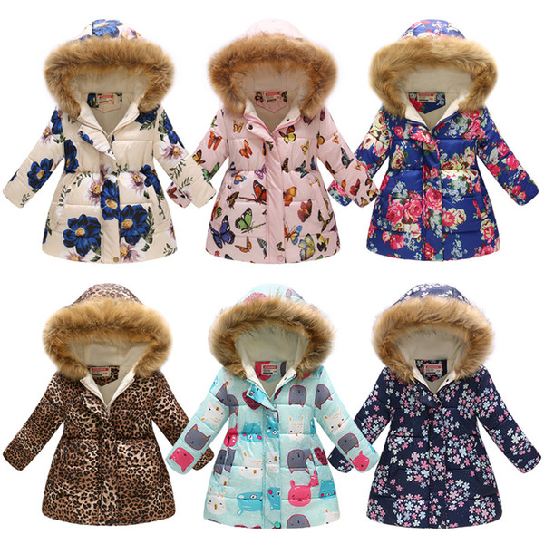 Hot!!! 3-10 years girls winter cotton padded coats jacket long printed multicolor hooded windproof thick warm outwear kids clothes 15 colors