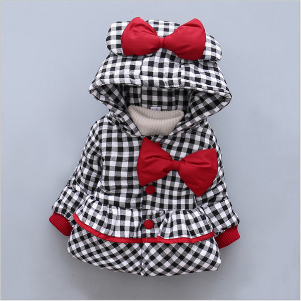 Foreign trade 2017 new thicken warm winter hooded cotton padded baby coat girls plaid bow cute baby outerwear clothes