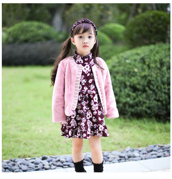 Baby Girl Coat faux fur Pearl Long Sleeve Princess Kids Outerwear Baby Clothes 2-6Y Y0067