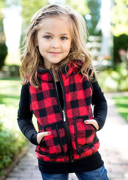 Retail Girls Plaid Quilted Waistcoat Baby Clothes Black Red Black White Spring Autumn Cotton Vests 3-7Y E81483