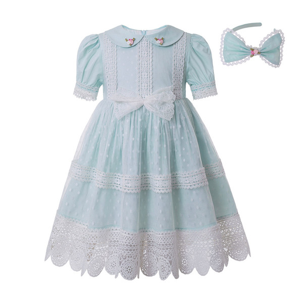 Pettigirl Sky Blue Girl Dress With Lace Girls Party Dresses With Bow Wedding Boutique Kids Clothes With Headwear G-DMGD210-274